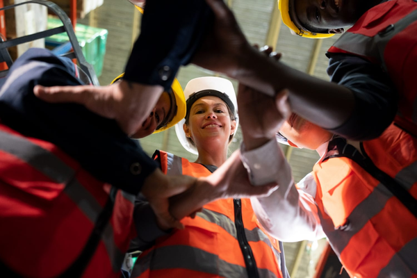 Team putting hands together in high-vis vests
